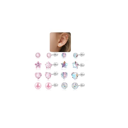 8 Pairs Screw Back Earrings for Girls - Toddler Earrings in Surgical Steel, Hypoallergenic with Heart, Pearl, Star & Cubic Zirconia Flat Back Studs