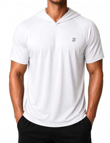 Roadbox Mens Short Sleeve Hoodie Lightweight Workout Hooded T Shirts UPF 50+ Quick Dry Athletic Gym Running Sweatshirt White