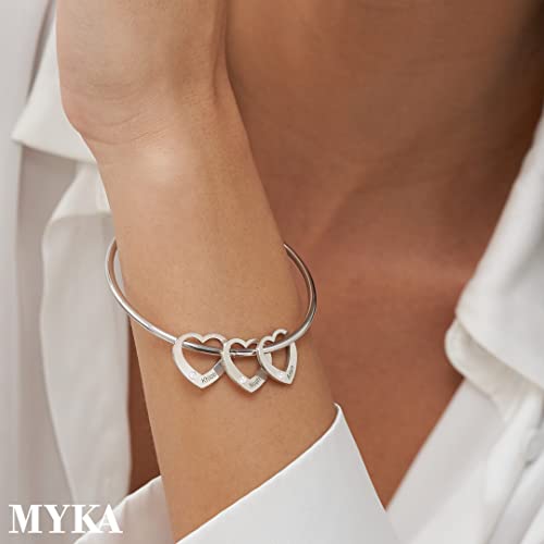 Myka - Personalized Bangle Name Bracelet With Diamond Stone For Women, Her, Girlfriend, Mom, Mother, Grandma, Family - Up To 12 Engraved Heart Shape Charms - Sterling Silver 925, 18K Gold & Rose Gold Plating, Vermeil - Dainty Jewelry Gift For Valentine’s Day, Christmas, Xmas, Mother’s Day, Birthday #TOP2