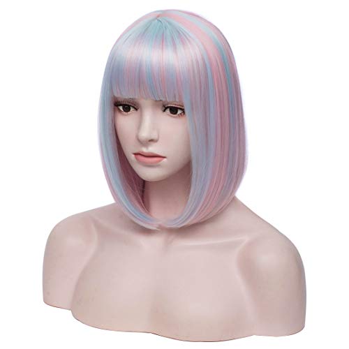 Iciwueen Short Bob Hair Colorful Unicorn Wigs 12" Straight with Flat Bangs Synthetic Colorful Cosplay Daily Party Wig for Women with Wig Cap