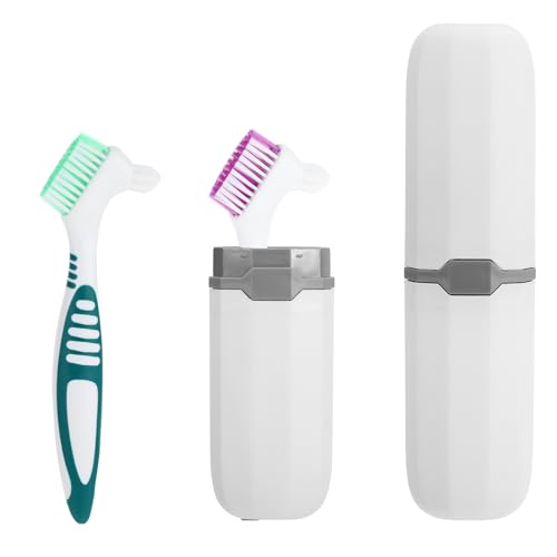 Wanmu Cepillos de limpieza de prótesis, 2 unidades, cepillo de dientes de doble cara con cerdas multicapa moderadas, cepillo de dentaduras con caja portátil para el cuidado de prótesis