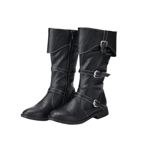 Helltaker Renaissance-Vintage-Stiefel für Herren, Mittelalter-Cosplay, Halloween, Wikinger, Pirat, Reitschuhe, Schwarz, 46.5 EU