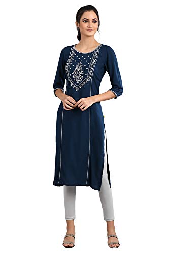 Image of Aurelia Women Navy Blue Embroidered Kurta in Round Neckline