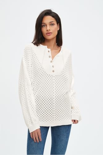 Image of EZAPINE Women's Oversized Crochet Sweater Pullover Drawstring Long Sleeve Button Hollow Out Knit Crochet Top Blouses