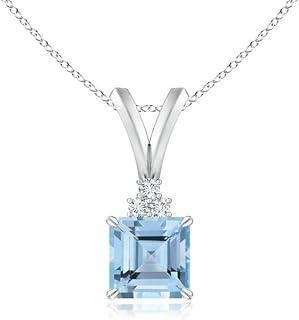 Angara Natural V-Bale Square Aquamarine Solitaire Pendant/Necklace with Diamond in 14K Solid Gold/Platinum for Women | Mar...