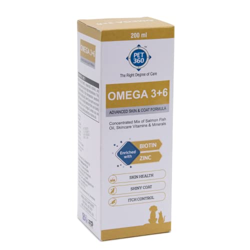 PET360 Omega 3+6 Concentrated Salmon Fish Oil with Vitamins, Minerals & Taurine, Advanced Skin & Coat Formula for Dogs…