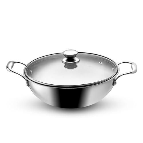 Image of VAYA Hautechef Triply Stainless Steel Kadhai with Glass Lid, 28cm, 4.5L, Induction & Gastop Compatible, Heavy-Bottom Kadhai for Deep Frying & Cooking, 100% Pure & Toxin-Free