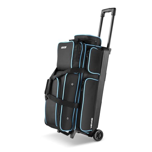 VEVOR Borsa da Bowling per 3 Palle con Ruote Doppie e Scomparto Separato per le Scarpe, Fino alla Taglia USA 16, Tasca per Accessori, Maniglia Retrattile Estensibile Fino a 105 cm Nero Blu