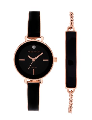 Image of Anne Klein Quartz Analog Black Dial Two Toned Black & Rose Gold Metal Strap Watch for Women - NEAKB3620BKST