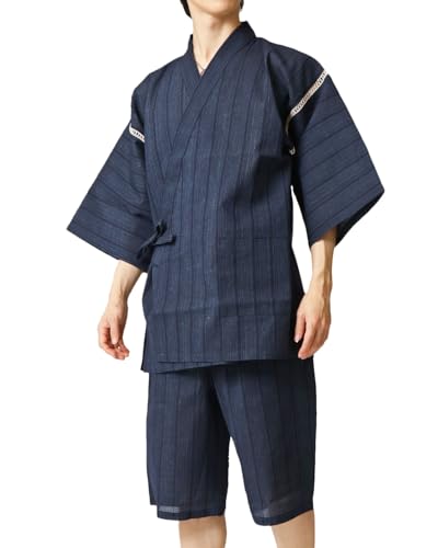 GIORNO SEVEN Men's Jinbei japanese men pajamas Kimono Jimbei SIJIRAORI Set Yukata sleepwear summer robe Loungewear Bathrobe E-Navy L