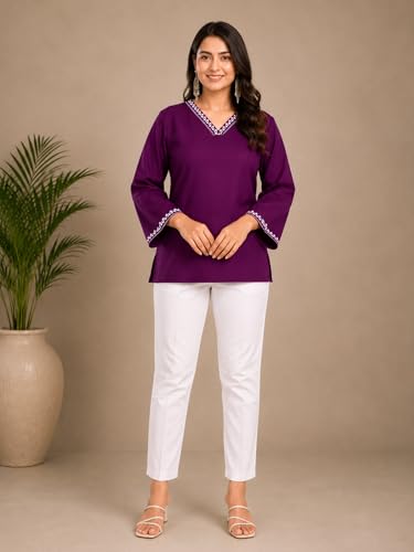 Image of Rayon Solid Straight Kurti Top for Women | V-Neck Ethnic Tunic | Neck and Sleeve Border | Stylish Casual Office Wear Short Kurti for Women