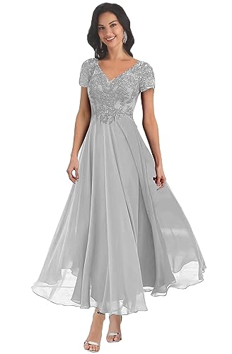BANTRATIC Mother of The Bride Dresses for Wedding Lace Appliques V Neck Short Sleeve Corset Chiffon Back Bridesmaid Dress
