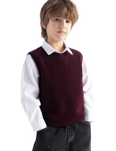 Boys and Girls 100% Merino Wool Sweater Vest Crewneck Sleeveless 2025 Fall Winter Cable Top Knitted Pullover Vest
