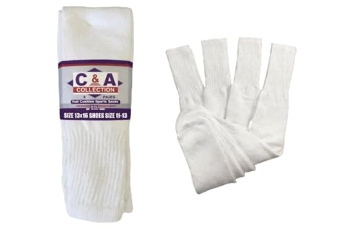 C & A Collection White Tube Socks, Cotton, Size 13x16, Fits Shoe Size 11-13, 4 pairs over the calf Big and tall for all kind sports & running wicking Moisture