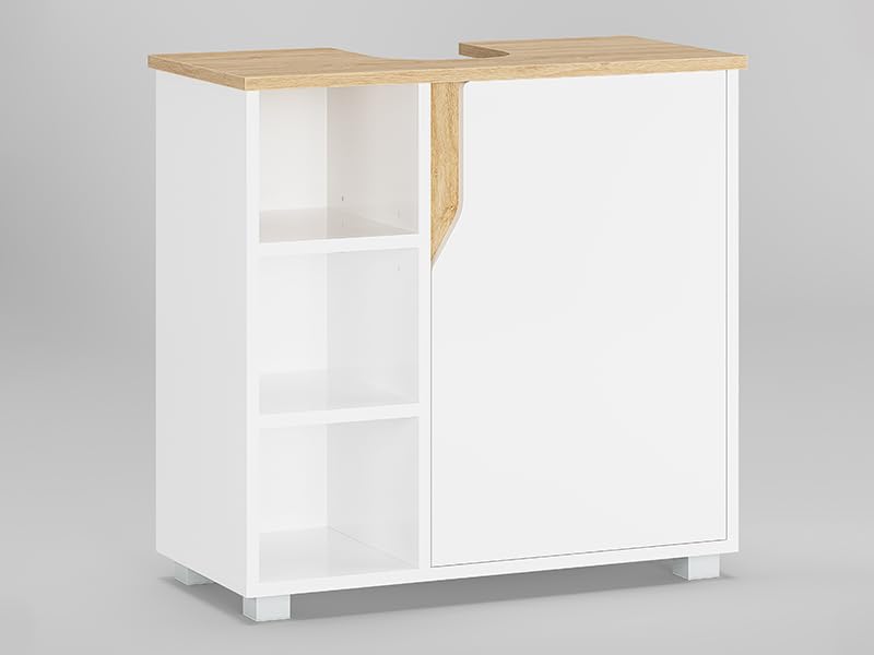 FORABAMB Meuble sous Lavabo Salle de Bain, Meuble Salle de Bain avec Étagère Réglable, Compartiments Fermés, 3 Étagères Ouvertes, 4 Pieds en Bois, Armoire de...