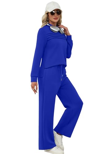 Image of WIHOLL Two Piece Sets for Women Fall Travel Vacation Outfits 2026 Long Sleeve Lounge Sets Side Slit Wide Leg Pants XS-3XL