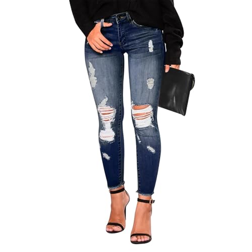 Skinny Jeans for Women Trendy Destroyed Ripped Stretchy High Waisted Jeans Casual Tummy Control Button Denim Pants