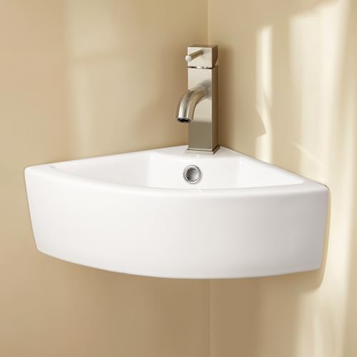 Warmiehomy Fregadero de cerámica montado en la pared, lavabo de cerámica triangular de esquina con kit de fijación de drenaje de residuos para cuarto de baño (blanco, 31 x 31 x 13 cm)