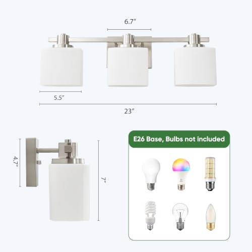 Image of Bathroom Light Fixtures Over Mirror Bathroom Vanity Light Silver Modern Industrial Makeup Lighting Wall Sconce Farmhouse Rustic Milk Glass Lamp Desk Sink (Brushed Nickel, 23 Inch, 3 Light)