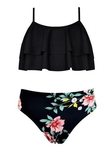 Image of SHEKINI Girls Floral Print Bathing Suits Ruffle Flounce Two Piece Swimsuits | Girls Bikini,Girls Bathing Suit,Swimsuits for Kids,Kids Bikini,Girls 2 Piece Swimsuit,Summer Hawaii Beach Swimwear,6-12 Years