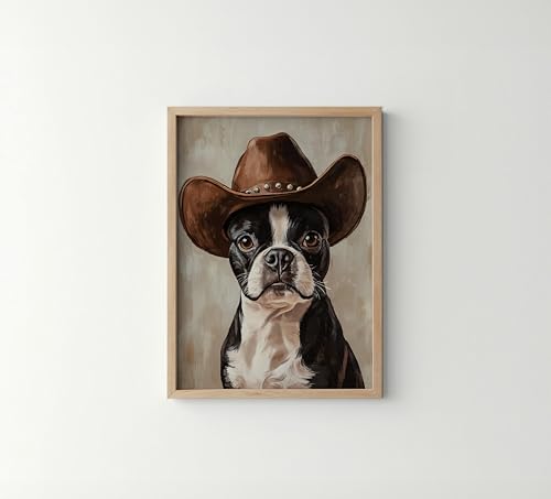 Image of aj decor Boston Terrier Cowboy Hat Wall Art Print Poster, Dog Pet Lover Picture Painting Artwork Bedroom Living Room Office Dining Room 150D (Boston Terrier Cowboy Hat, 11 inch W x 14 inch L, Wood Frame)