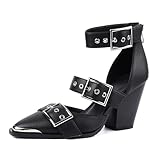 WRFCZGF Women's Pointed Toe Pumps Chunky Wedge Heels Ankle Strap Western Sandals Metal Buckle Comfortable Fashion Casual Dress Shoes Black 8