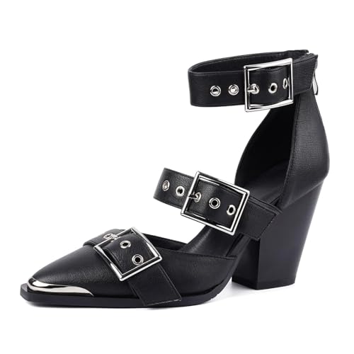 WRFCZGF Women's Pointed Toe Pumps Chunky Wedge Heels Ankle Strap Western Sandals Metal Buckle Comfortable Fashion Casual Dress Shoes Black 7 by WRFCZGF - Used condition - US$51.51