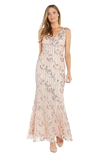 Image of R&M Richards Women's Embellished Full-Length Gown W /Illusion V-Neck & Back Zipper - Evening Cocktail Party Attire