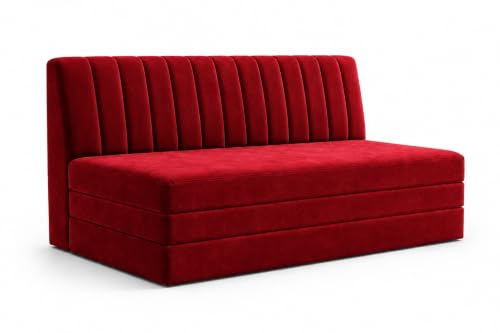 Image of Three Seater Sofa Bed, Velvet Fabric Foldable Sofa Cum Bed with Soft Foam Cushioning, Convertible Floor Couch for Living Room, Guest Room & Home Use (Red, Pre-Assembled)