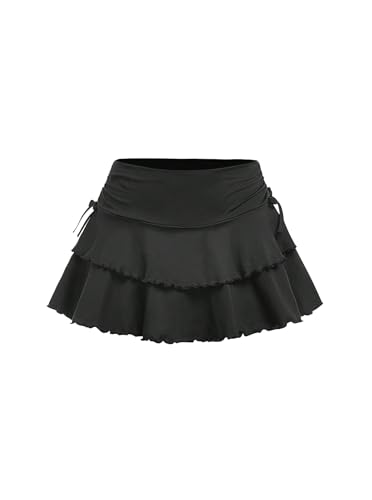 Ecolala Girls Summer Tennis Tiered Skirts Athletic High Waisted Ruffle Mini Skirts with Shorts, Black, 9-10 Years