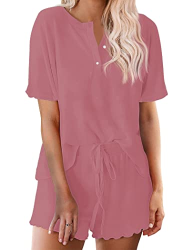 Image of Ekouaer Pajamas Set for Women Short Sleeve Lounge Set 2 Piece Loungewear PJs Soft Cute Lightweight Sleepwear