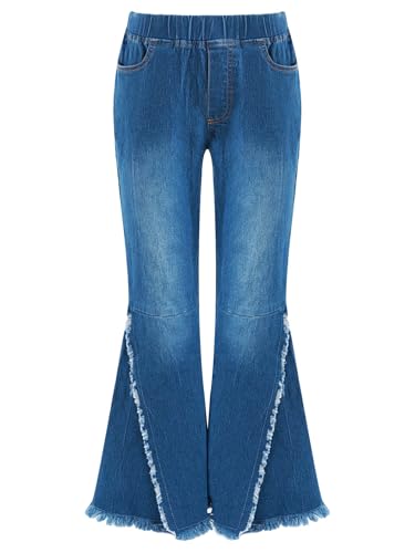 Girls Distressed Flared Jeans Elastic Waist Bell-Bottoms Trousers Washed Raw Edge Pants Leggings Street Wear