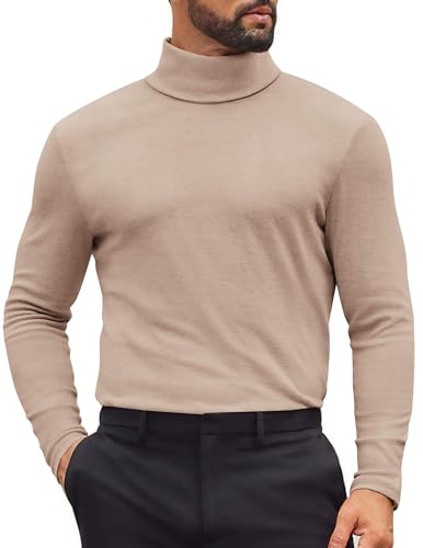 COOFANDY Mens Turtleneck Slim Fit Tops Long Sleeve Shirts Basic Fashion Pullover Solid Soft Sweaters Thermal Undershirt Khaki XL