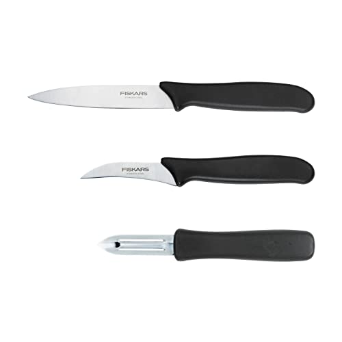Fiskars Schäl-Set, 3-teilig, Schälmesser (11-cm-Klinge), Gemüsemesser (7-cm-Klinge), Sparschäler (7-cm-Klinge), Essential, Edelstahl / PP-Kunststoff, Schwarz, 1065600