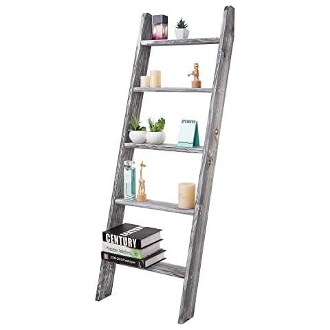 Toalleros rústicos de madera inclinados para pared, de 5 niveles, estilo escalera (gris) Cover