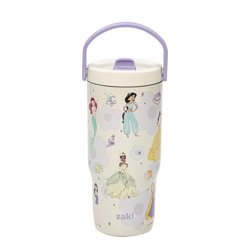 Zak Designs Disney Princess Siply Sutton Tumbler For School or Travel 20oz Durable Stainless Steel Water Bottle With Leak-Proof Flip-Up Straw BPA Free (Ariel Belle Jasmine Mulan Rapunzel Tiana)