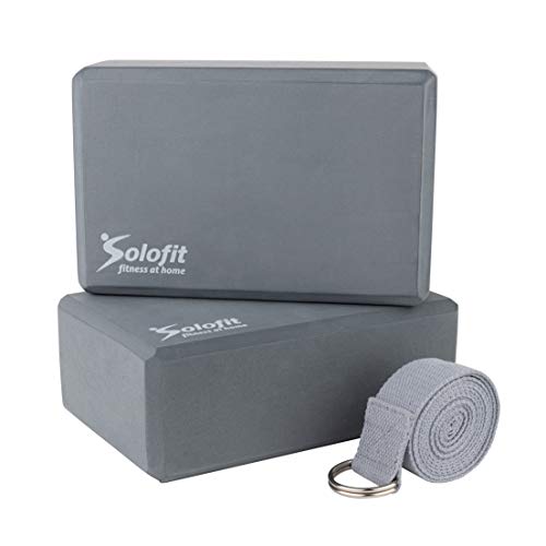 Solofit Yoga Blocks (2) with 8ft Yoga Strap – High Density EVA Foam Blocks for Stretching, Balance, Pilates, Dancers, Flexibility – Improve Strength, Aid Flexibility & Support Deepen Poses (Gray)