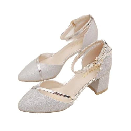Women's Chunky High Heel Pumps Pointed Toe Ankle Strap Closed Toe Dress Shoes for Wedding Party Occasions