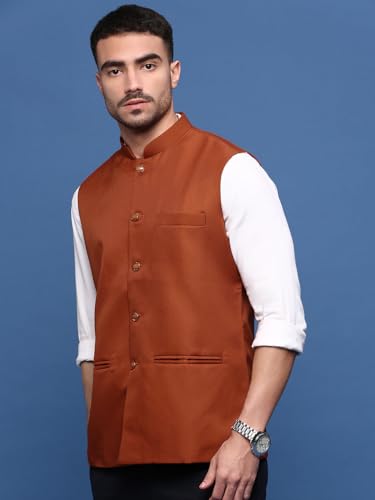 Image of SHOWOFFFF Men Solid Ethnic Nehru Jacket | Mandarin Collar Sleeveless Cotton NehruJacket for Mens | Slim Fit Regular Length NehruJackets for Men's