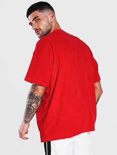 LEOTUDE Men's Cottonblend Half Sleeve Oversized Drop Shoulder T-Shirt (Color Red)