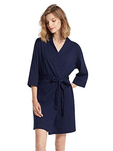 SIORO Women Kimono Robes Cotton Lightweight Bath Robe 3X Plus Size Knit Bathrobe Soft Sleepwear V-Neck Ladies Nightwear,Navy 3X-Large