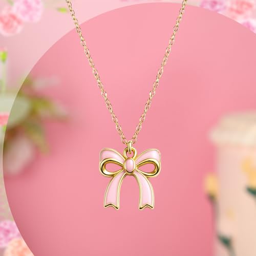 Tondiamo 12 Pcs Pink Bow Party Favors Bow Necklace Gift Bulk Women Dainty Coquette Bowknot Ribbon Jewelry Pendant with Gift Card and Storage Bag for Mother Wife Sister Friends3