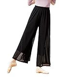 Daydance Black Women Palazzo Dance Pants, Side Slit 2 Layers Loungewear for Athletic, Yoga