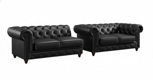Image of Classic Leatherette Chester Sofa Set Button Tufted, Classic Style Sofa Set for Living Room, Office, and Hallway Colour (Black Leatherette, 2+2=4 Seater Sofa)
