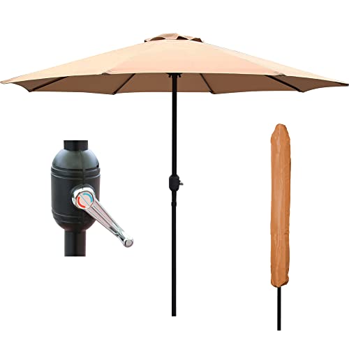 GlamHaus Garden Parasol Table Umbrella 2.7M with Crank Handle for Outdoors, UV40 Protection, Includes Protection Cover, Gardens and Patios - Robust Steel (Khaki Sand)