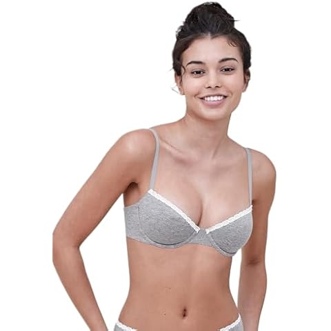 Skarlett Blue Women's Adorned Fully Adjustable Ultra-Comfy Cotton Underwire Bra with Lace 324211, Heather Grey/Ivory, 30DD Cover