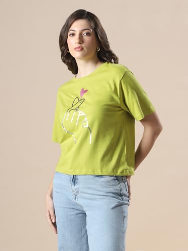 Image of Globus Women Green Printed Oversized T-Shirt-3638147001