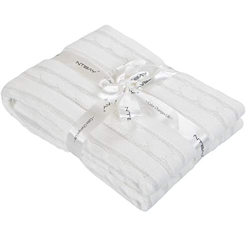Image of NTBAY 100% Pure Cotton Cable Knit Toddler Blanket, Super Soft Warm Breathable 30x40 Baby Blanket for Crib, Stroller, Nursery, Travel, Newborn, 30x40 Inches, White