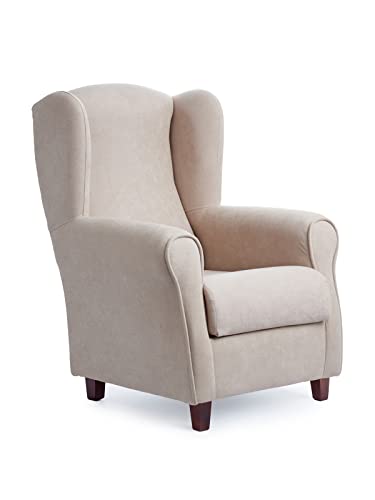 Sillonea - Sillón Orejero Roma con Patas Cortas de 7 cm. Diseñado para Personas Bajas. Medida: 93x74x77cm. Tapizado con Tela Antimanchas. (Beige, Nogal) Cover