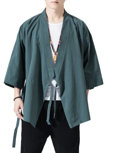 Image of Men's Japanese Kimono Cardigan Loose Cotton Linen 3 /4 Sleeve Open Front Casual Summer Shirt Jackets